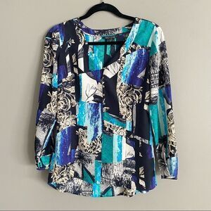 Nic + Zoe Arsty Vibrant Abstract Printed Polyester Button Up Shirt Blouse